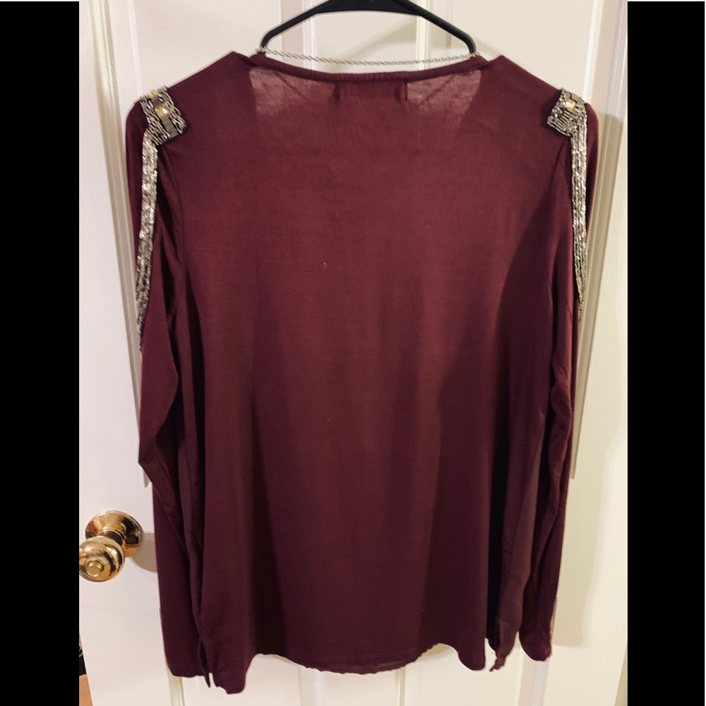 BKE Burgandy Military Embellished Zip Front Top - Picture 6 of 8